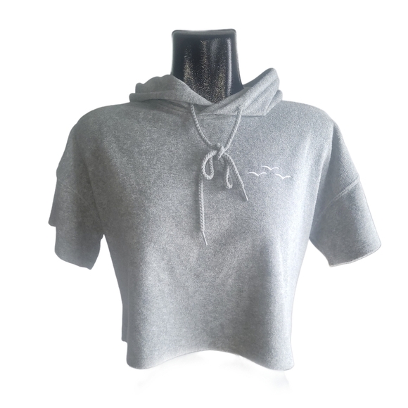 Grey Cropped Short Sleeve Fleece Hoodie Sz.M - Picture 1 of 6